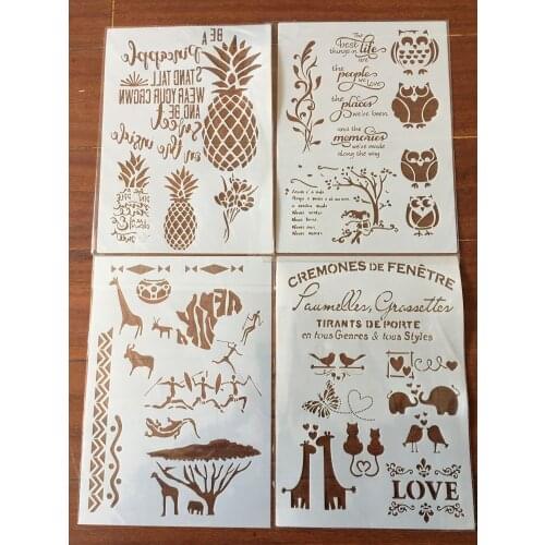 4pcs / set A4 Pineapple owl giraffe animal Stencils Painting Coloring Embossing Scrapbook Album Decorative Template