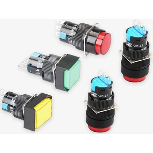 5Pcs 16mm Push Button Self-Lock Latching Switch Square LED Lamp Light DC12V 24V AC110V AC220V YELLOW WHITE GREEN WHITE BLUE