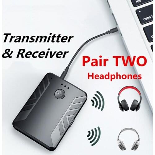 Bluetooth 5.0 Audio Transmitter Receiver Pair with TWO Headphones 3.5mm AUX RCA Wireless Adapter for TV PC Car Speaker Accessory