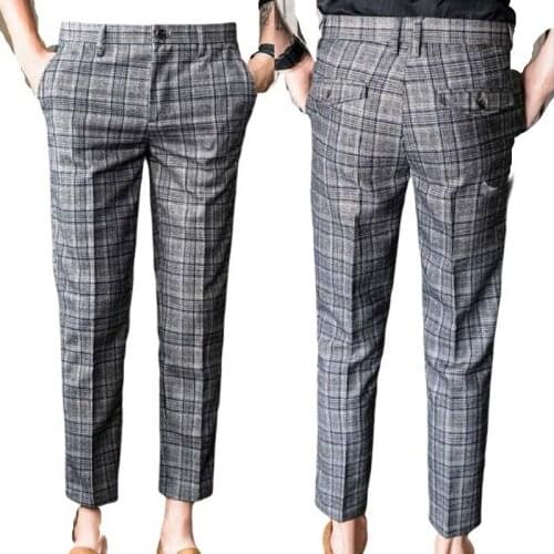 Mens Trousers Ankle-Length Pants Business Work Suit Pants Mens Slim Straight Suit Pants Casual Pants Striped Plaid Print