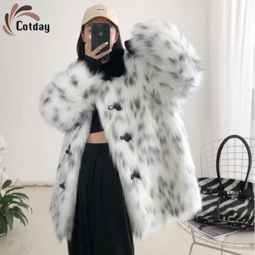 Cotday Winter Warm Women Imitation Fox Fur The Fur Coat horn button