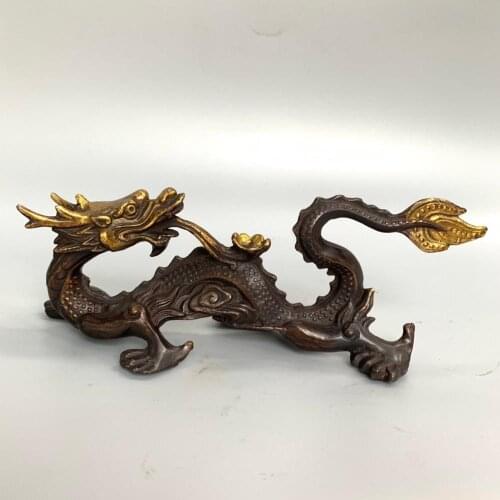 Home Decor 9" Tibet Buddhism Temple Old Bronze Gilt Chinese dragon statue Carving Dragon Spit Ingot Implication Lucky fortune