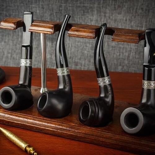 LUBINSKI Bent Straight Style Ebony Pipe Wooden Tobacco Pipe Silver Round Decoration W/Pipe Bag Accessories Smoking Tool