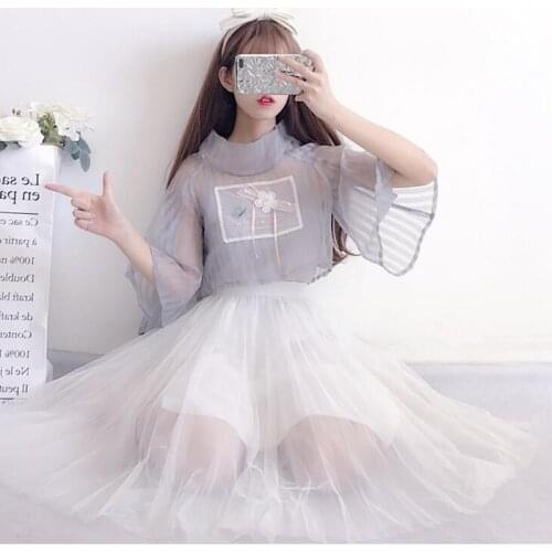 Cute Womens 2Pcs Set:White Mid-Calf Suspender Dress JSK+Grey Sun-proof Half Sleeve Shirt Casual Sweet Summer Women Fashion Girl