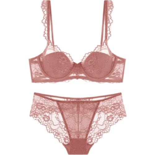 Fashion Pink Lace Bra And Panties Female Sexy Lingerie Thin Cup Underwire Push Up Bras Underwear Women Sets Plus Size A B C D E
