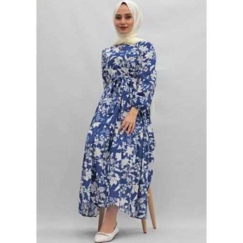 New Season Summer Trend Muslim in Floral Patterned Dress Navy Blue