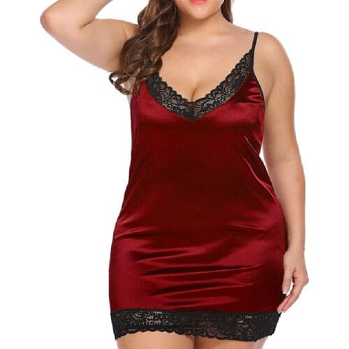 New European And American Satin Slip Nightie Sexy Lingerie Suspenders Leak-Back Lace Nightdress Erotic Suit XL