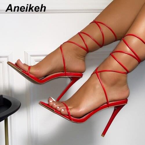 Aneikeh NEW Summer PU Sandals Women Sweet Fashion Cross-Tied Narrow Band Solid Pointed Toe Zapatos De Mujer Shoes Party Elegant