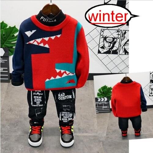 Baby Boy Clothes Autumn and Winter Pure Cotton Thick Warm Casual Cartoon Sweaters + Plush T-Shirts + Jeans 3piece Children Suit