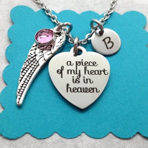 Memorial Necklace A Piece of My Heart is in Heaven Initial Birthstone Necklaces Angel Wing Charm Lose of Loved One Sympathy Gift