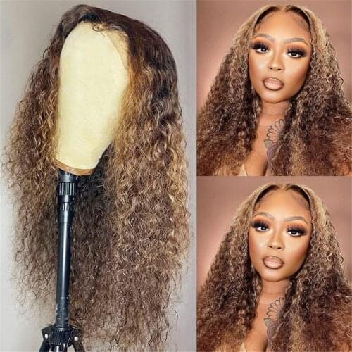Curly Highlight Ombre 13X4 Lace Front Human Hair Wigs Pre-Plucked Remy Peruvian 4X4 Lace Closure Wigs For Women Bleached Knots