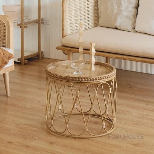 Simple European Indoor Rattan Round Coffee Tables Living Room Furniture Creative Sofa Side Table Round Coffee Table Corner Table