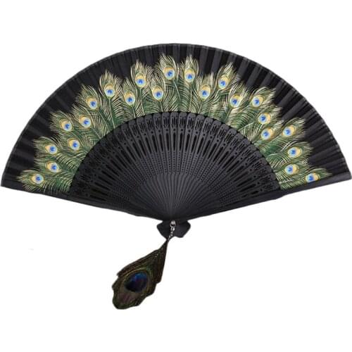 QX2E Chinese Style Peacock Patterned Hand Fans Vintage Silky Handheld Folding Fan