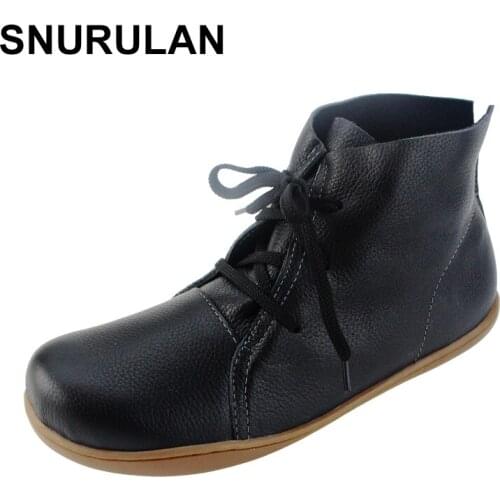 SNURULAN Women Ankle Boots Hand-made Genuine Leather Woman Boots Spring Autumn Square Toe lace up Shoes Female Footwear