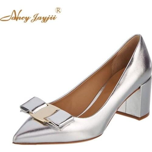 Woman Shoes Lady Pumps Slivery Solid Patent Leather Basic Butterfly-knot Super High Square Heel Slip-On Pointed Toe Fashion 2019