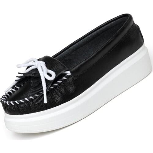 Leather Thick Bottom Womens Flats Summer Walking Shoes for Women Zapatos De Mujer Ladies Loafers White Slip on Platform Shoes