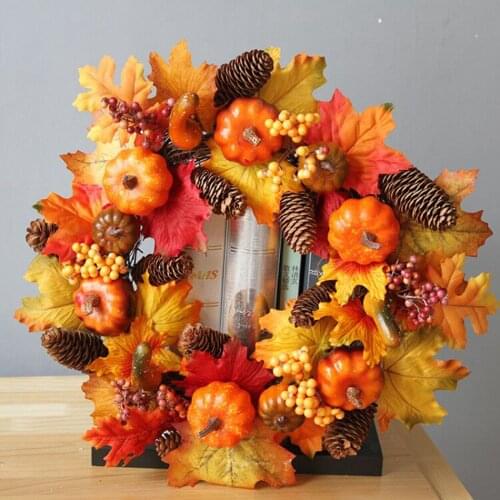 Newest Arrival Autumn Fall Wreath Thanksgiving Harvest Wreath with Pumpkins Maple Leaves and Berries for Front Door Decoration