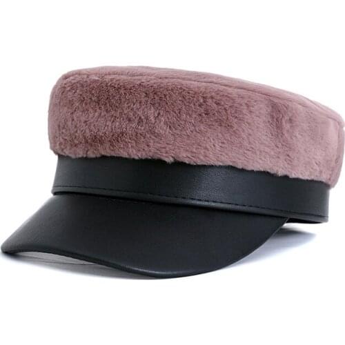 Women Korean Military Hat Flat Top Plaid Chain Navy Cap Female Autumn Winter Tweed All-match British Retro Vintage Hats FUR