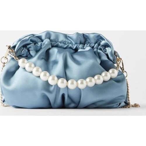ZA Spring/summer New Womens Bag Pearl Handbag Satin Chain Cloud Bag One-shoulder Sloping Tide Bag Dinner Ruffled