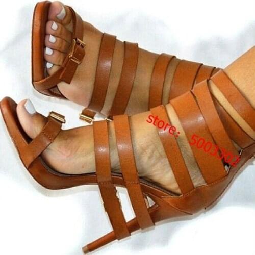 Women Brown Sandal Open Toe Cut Out High Heels Shoes Hook-and-Loop Ankle Strap Sexy Stiletto Shoes Buckle Decor Gladiator Sandal