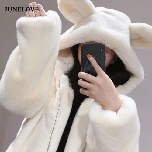 Women Winter Fur Coat 2021New Cute Bear Ears Furry Velvet Add cotton/No cotton Jacket Lady Loose Imitation Mink Fur Overcoat