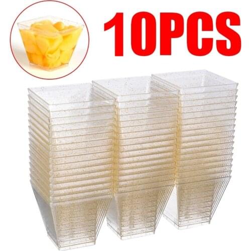 10Pcs Disposable Golden Powder Layered Desserts Cup Square Glitter Mousses Cake Pudding Ice Cream Tasting Cup Plastic Tableware