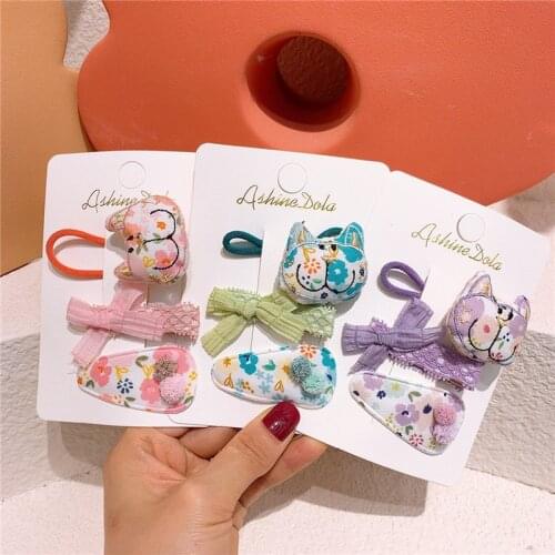 3 Pcs New Kids Hair Accessories Sweet Girl Baby Cute Cartoon Bear Rubber Band Hair Rope Fashion Childrens Fabric Floral BB Clip