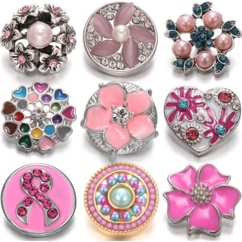 6pcs/lot New Mix Snap Button Jewelry 18mm Rhinestone Flower Pink Snap Jewelry Fit 18mm Snap Bracelet Bangle for Women DIY