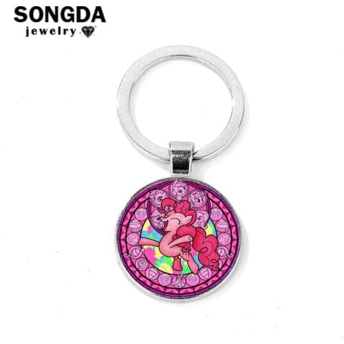 SONGDA Baby Girls Anime My Little Horse Baoli Poni Keychain 15 Style Magic Rainbow Horse Glass Cabochon Key Ring Bag Charms Gift