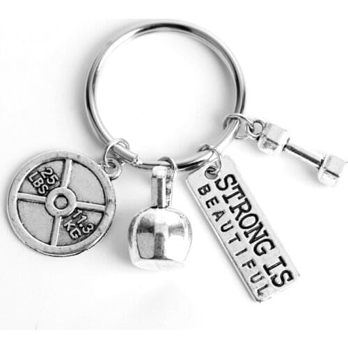 Dongsheng Fitness Barbell Dumbbell Keychain STRONG IS BEAUTIFUL Key Chain Mens Charm Womens Gym Sport Bodybuliding Key Ring