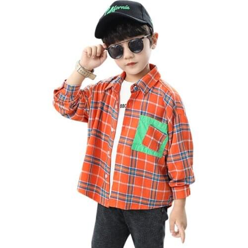 Kids boys plaid cotton shirt new spring / autumn big virgin lapel long-sleeved shirt 4-12 years old