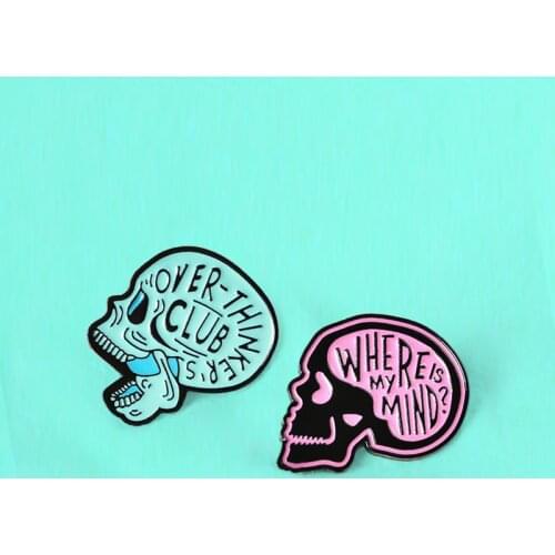 Skull Thinker Club Enamel Pins over-thinkers club,where is my mind? Brooch Anxiety Skeleton Skull Badge Brooch Lapel Gift