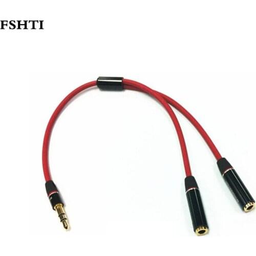 FSHTI New 3.5mm male to 2 female Metal branch red audio cable splitter earphone cable adapter 500pcs DHL