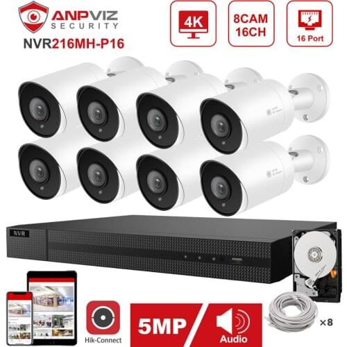 Hikvision OEM 16CH 4K NVR Anpviz 8pcs 5MP POE IP Camera System Indoor/Outdoor IP Camera Security Surveillance Kit IP66 30m P2P
