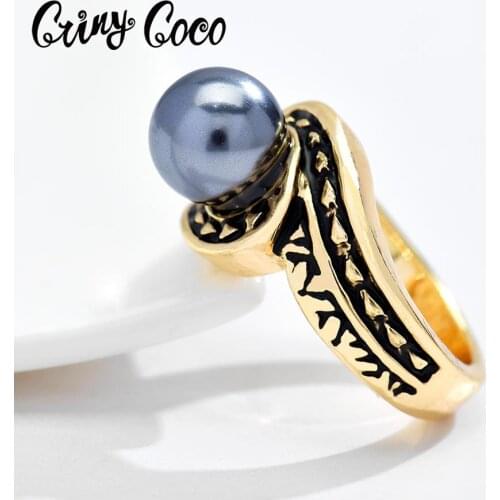 Cring Coco Trendy Black Pearl Rings Female Size 6-12 Ring Fashion Hawaiian Polynesian Anniversary Finger Jewelry Gift for Women