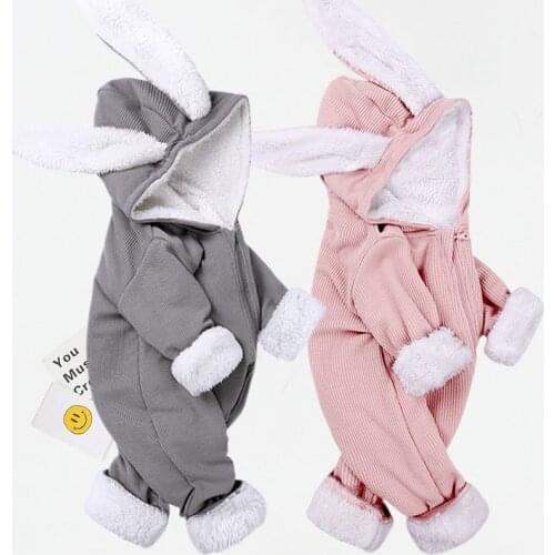 Baby boy baby girl clothes crawling suit jumpsuit newborn cotton thickened cartoon rabbit ears jumpsuit zipper crawling suit