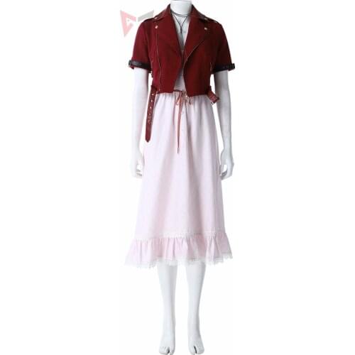 Final Fantasy Cosplay Costume Vii Aerith Set Halloween Red Coat Grid lace Dress hairpin neklace for women girl Custom mad