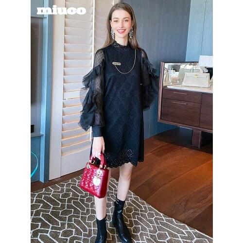 Lace stand collar hook lace stitching mesh Ruffle sleeve dress womens winter new High Quality Top Quality