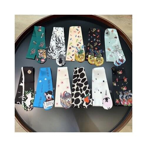 90*5cm Korean-Style Cartoon Animal Pattern Small Silk Scarf Tie Bag Handle Silk Scarf Small Ribbon Scarf Womens Neckerchief