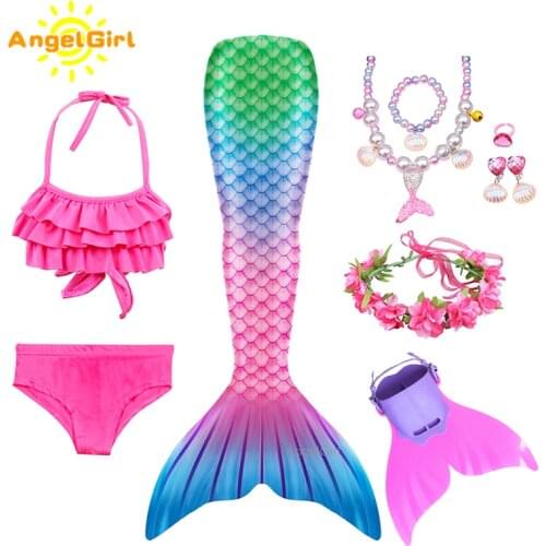 AngelGirl Fashion Kids Swimable Mermaid Tail with Flipper for Girl Vacation Mermaid Cosplay Princess Dream Party Bikini Dress