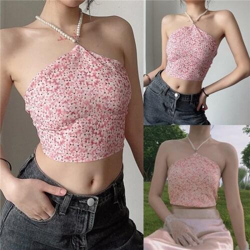 2021 Fashion Trend Women Pearl Chain Halter Floral Tops Stylish Backless Lace-up Crop Tanks Summer Casual Sun-Tops Camisole