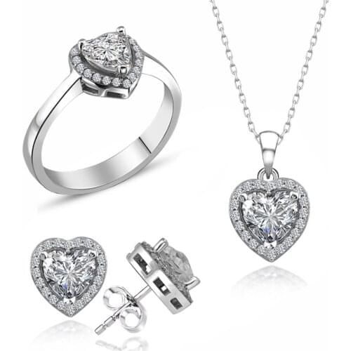 Certified Swarovski Cubic Zirconia Heart Engagement 925 Silver Set Suit