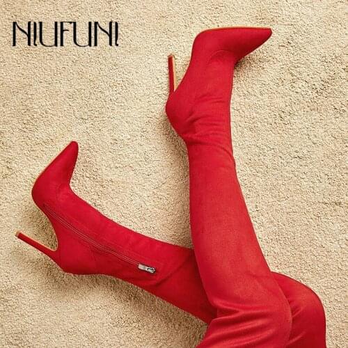 NIUFUNI 2021 Autumn Winter Stretch Cloth Over The Knee Long Boots Red Stiletto High Heels Womens Boots Pointed Slim Size 35-42