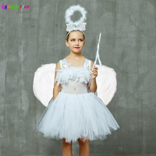 White Angel Girls Feather Tutu Dress Kids Halloween Birthday Party Costume Girl Christmas Nativity Dress with Wings Halo Outfit