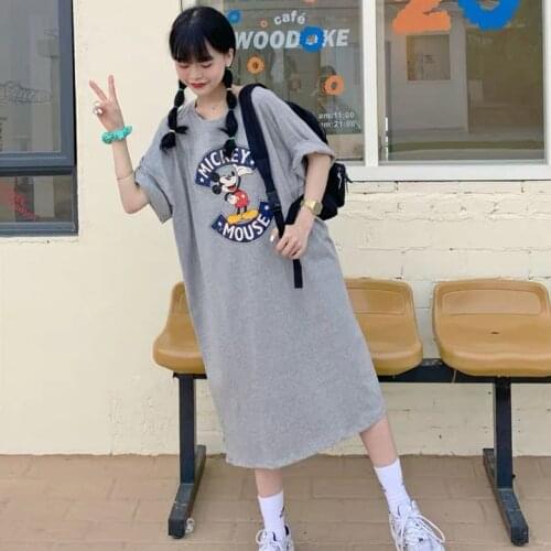 Mickey Mouse Casual Long Dresss Short Sleeve Long T-shirt Womens Fashion 2021 Summer Sporte Dresses Women Student Clothing