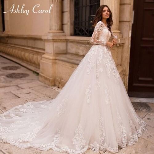 Ashley Carol A-Line Wedding Dress 2020 Long Sleeve V-neck Appliques Lace Up Princess Boho Tulle Bride Gowns Vestido De Noiva