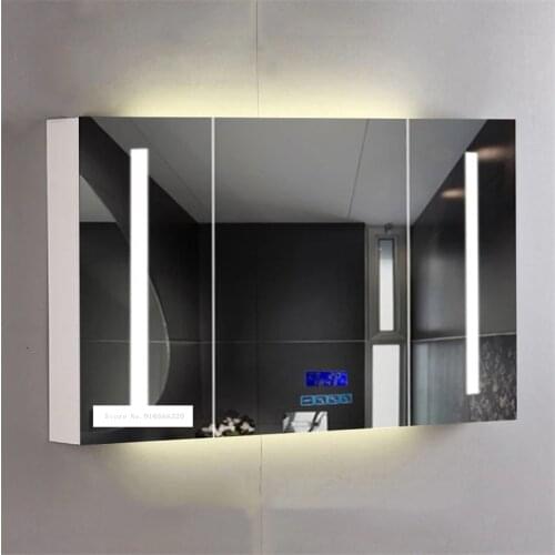 90/100/110/120/130cm Smart Mirror Cabinet Antifog Modern Bathroom Toughened Glass Solid Wood Wall Mounted Cabinet 110V/220V