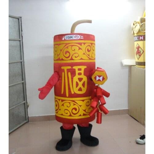 High quality Cool Red Firecracker Firework Banger Cracker Squib Petard Mascot Costume With Fat Cylinder Body Yellow Dress
