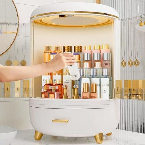 LED Light Mirror Cosmetic Storage Box Desktop Makeup Organizer Dustproof Drawer Jewelry Nail Polish Lipstick Makeup Container