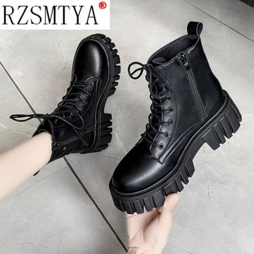 2021 Fashion Motorcycle Boots Wedges Flat Shoes Woman High Heel Platform PU Leather Boots Lace Up Women Shoes Black Boots Girls